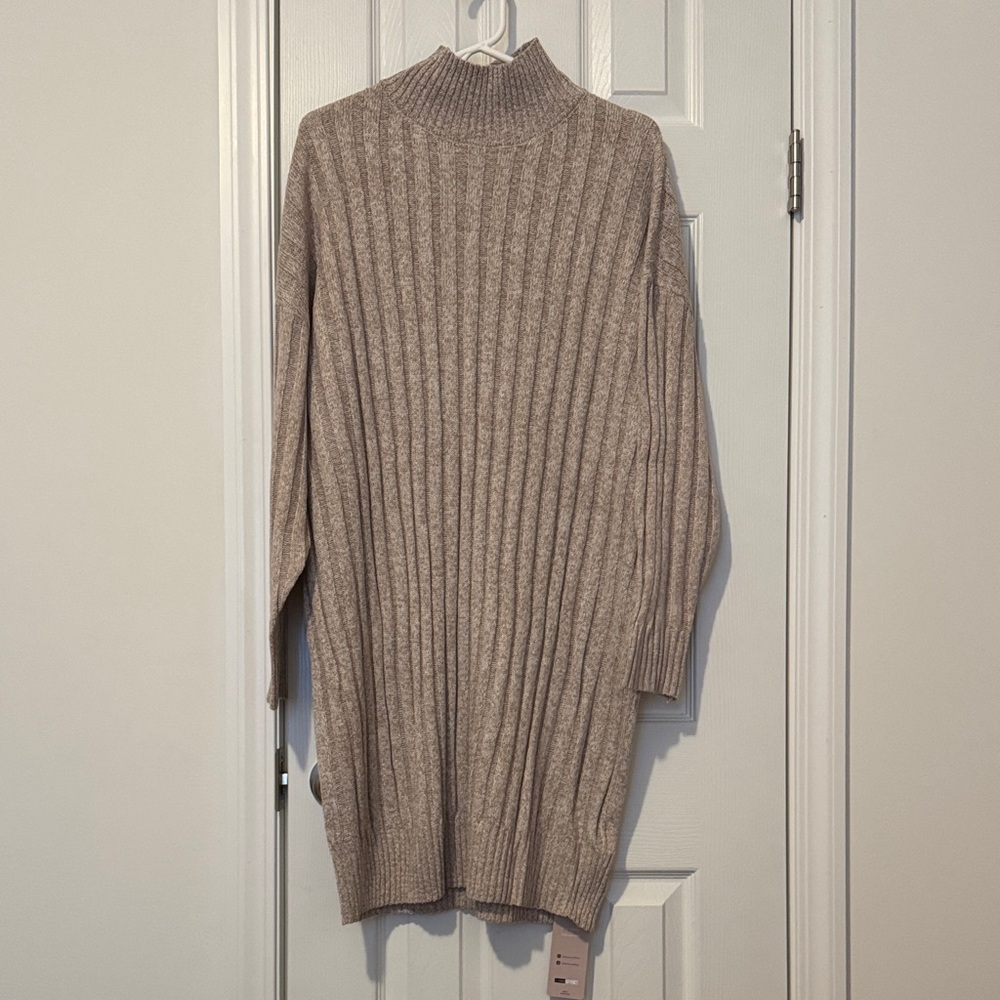 NWT Emery Rose Ribbed Mock Neck Sweater Dress in Heathered Beige